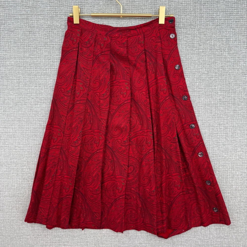 Vtg Liz Claiborne Petite Red Paisley Pleated Button Front Midi Skirt 6P Cottage - Picture 6 of 8